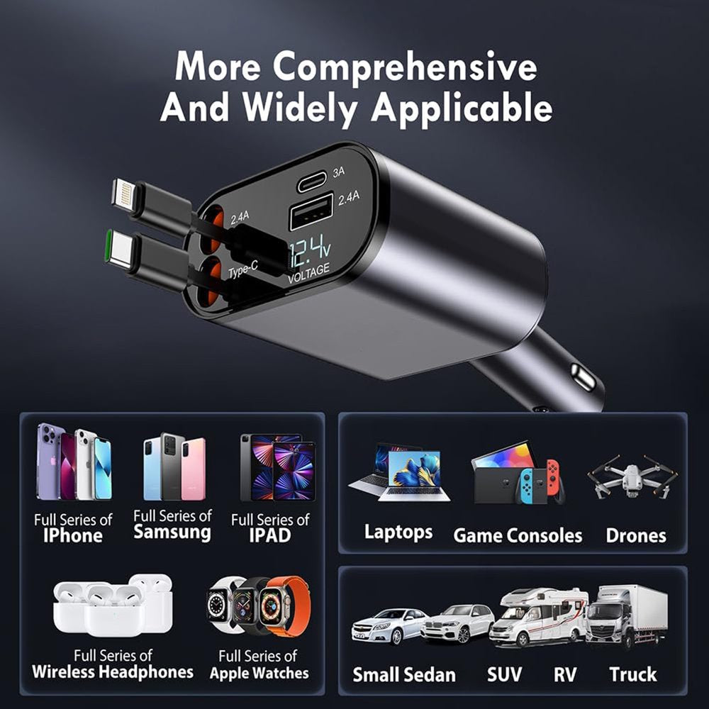 Ultra Fast 4in1 Retractable Car Charger